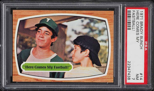 1971 Topps Brady Bunch Trading Card #14 (PSA 7 NM) Here Comes My Fastball0