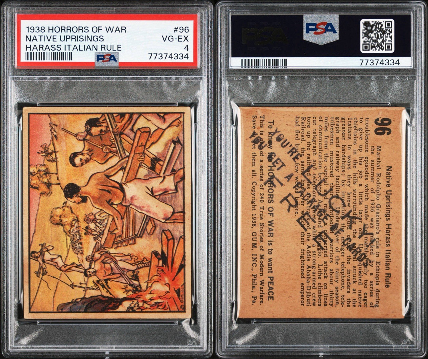 1938 HORRORS OF WAR Gum, Inc. #96 Advertising "You're Lucky" Prize (PSA 4 VG/EX)2