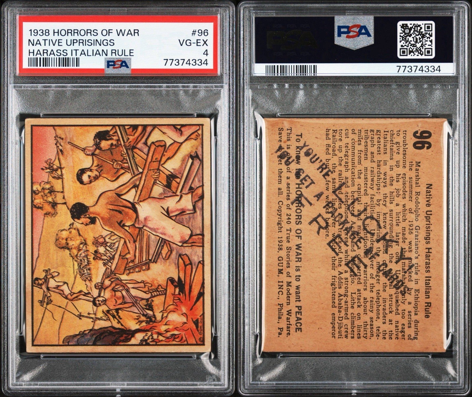 1938 HORRORS OF WAR Gum, Inc. #96 Advertising "You're Lucky" Prize (PSA 4 VG/EX)2