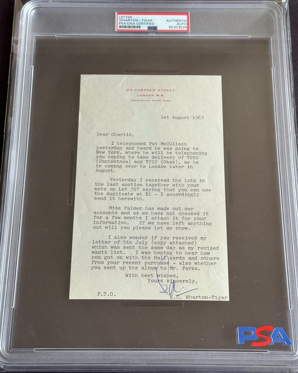 Famed Collectors CHARLES BRAY Letter EDWARD WHARTON-TIGAR PSA Auth T209 T2120