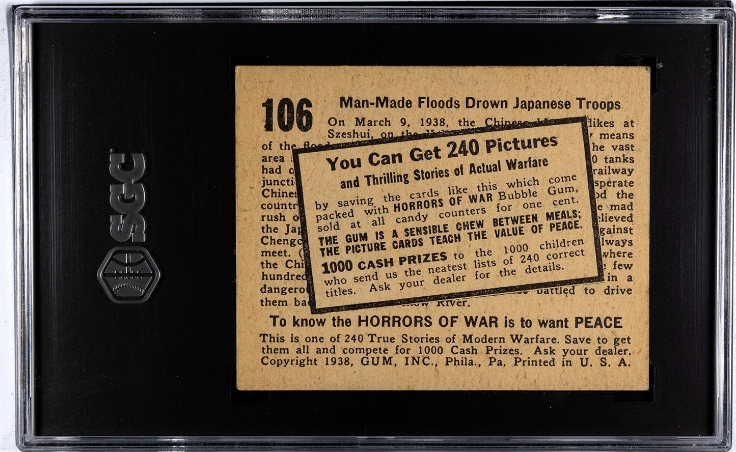1938 HORRORS OF WAR Gum Card #106 Advertising Back MACHINE OVERPRINT (SGC 5 EX)1