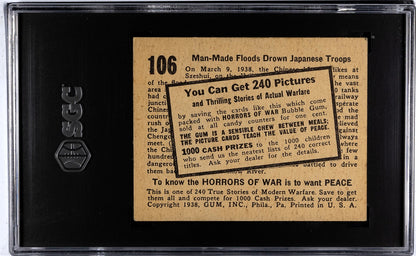 1938 HORRORS OF WAR Gum Card #106 Advertising Back MACHINE OVERPRINT (SGC 5 EX)1