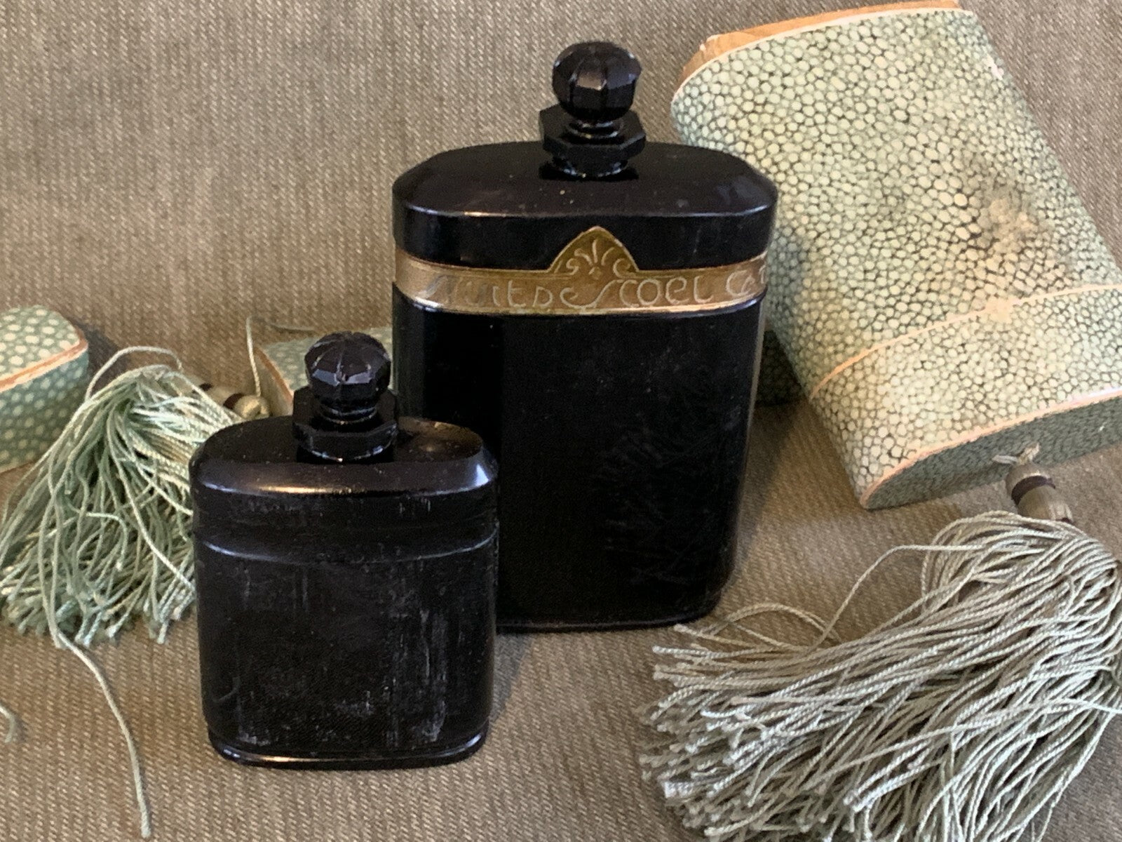 Vintage French Caron La Nuit de Noel TWO Perfume Bottles & Art Deco Tassel Boxes1