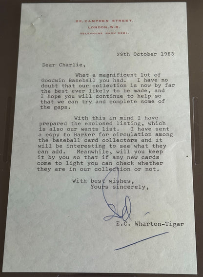 N162 Goodwin Champions CHARLES BRAY Letter Signed EDWARD WHARTON TIGAR PSA Auth1