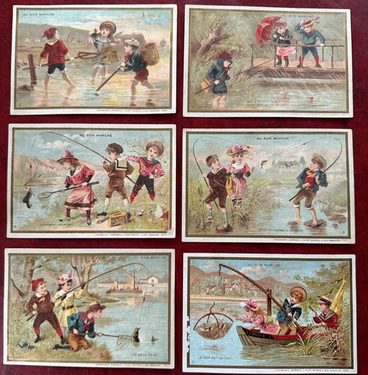 Au Bon Marche Trade Cards Complete Set of (6) Cards - FISHING