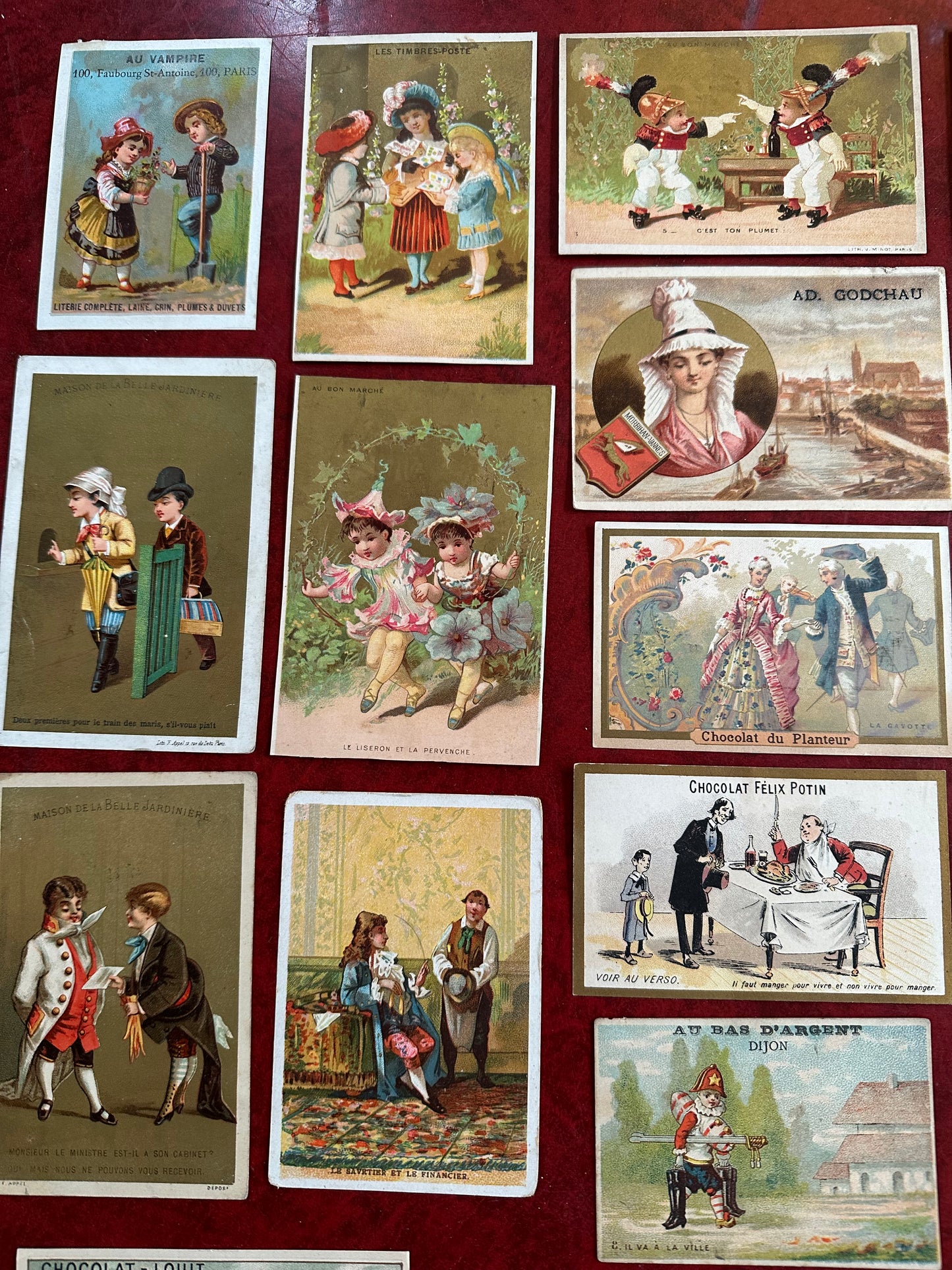 Collection of 17 French trade cards + One large album decoupage cut (1880s-1890s)