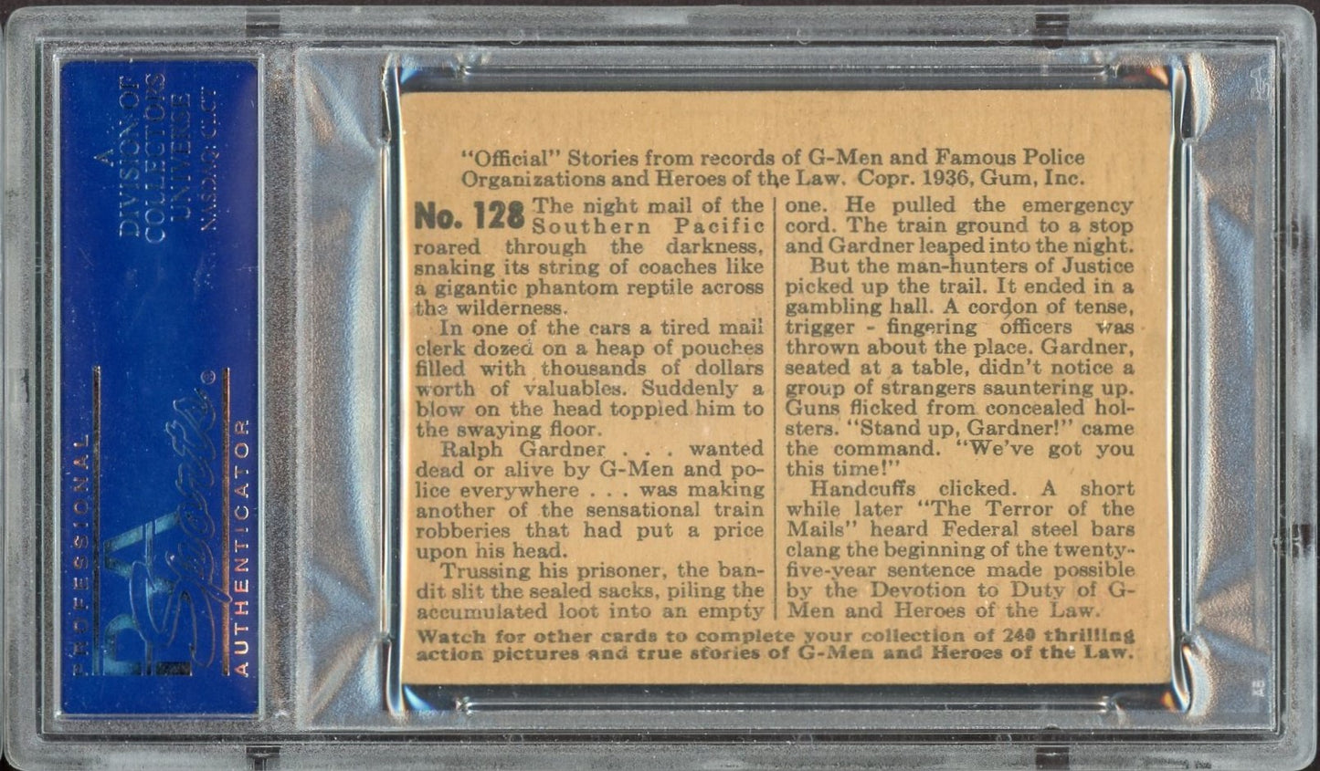1936 Gum G-Men & Heroes of the Law #128 "Terror of the Mails!" (PSA 5.5 EX+)