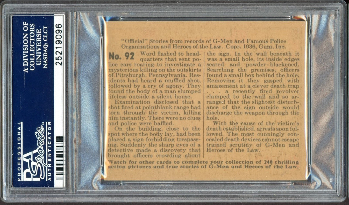 1936 Gum G-Men & Heroes of the Law #92 "Murder by the Victim's Hands" (PSA 5 EX)