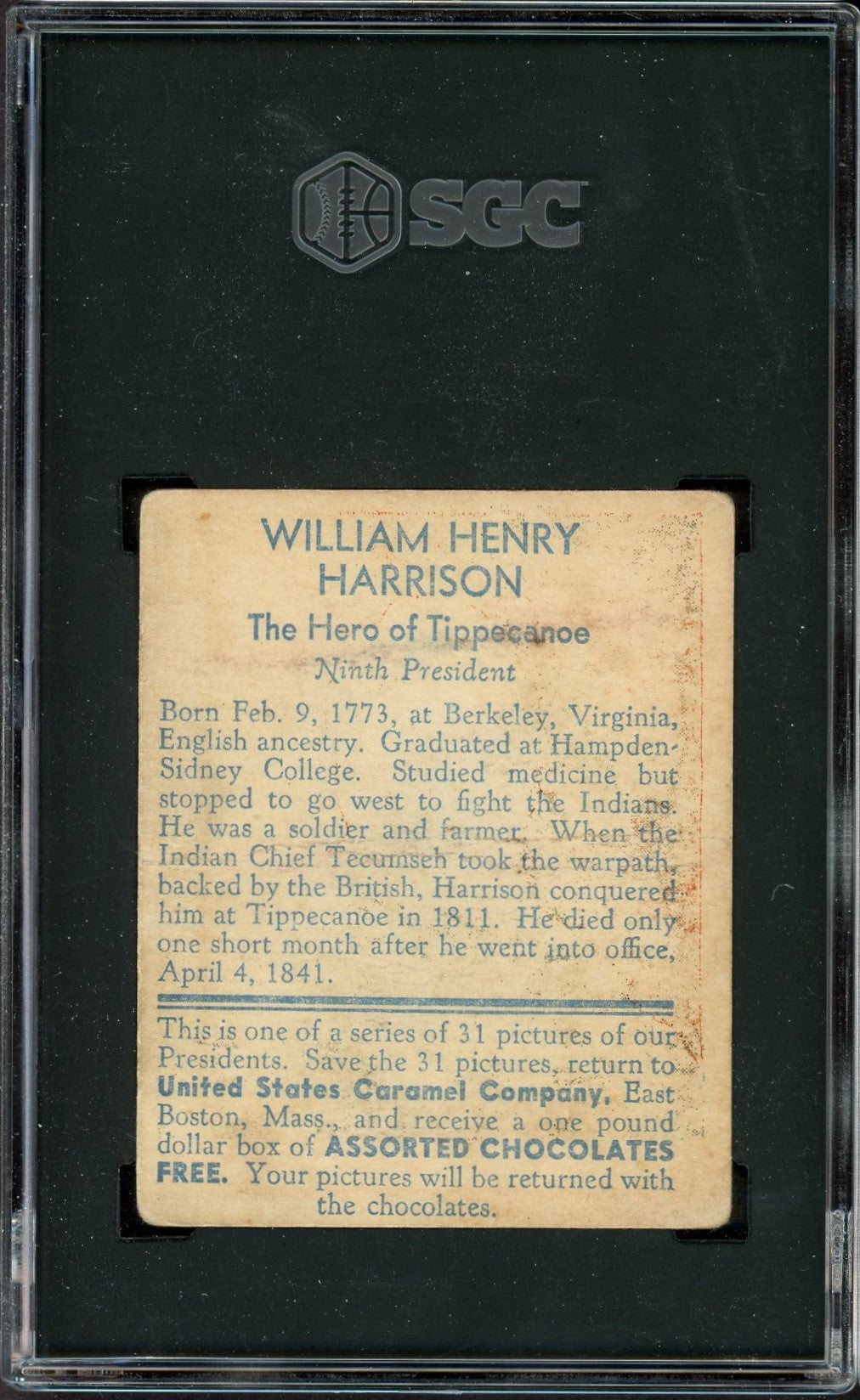1932 R114 US Caramel Presidents William Henry Harrison (SGC 1.5 FR) Orange
