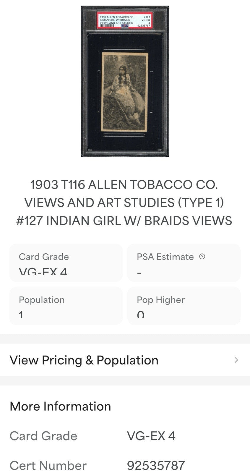 1903 T116 Allen Tobacco Telonette Cigars #127 Indian Girl w/ Braids (PSA 4 VGEX)2