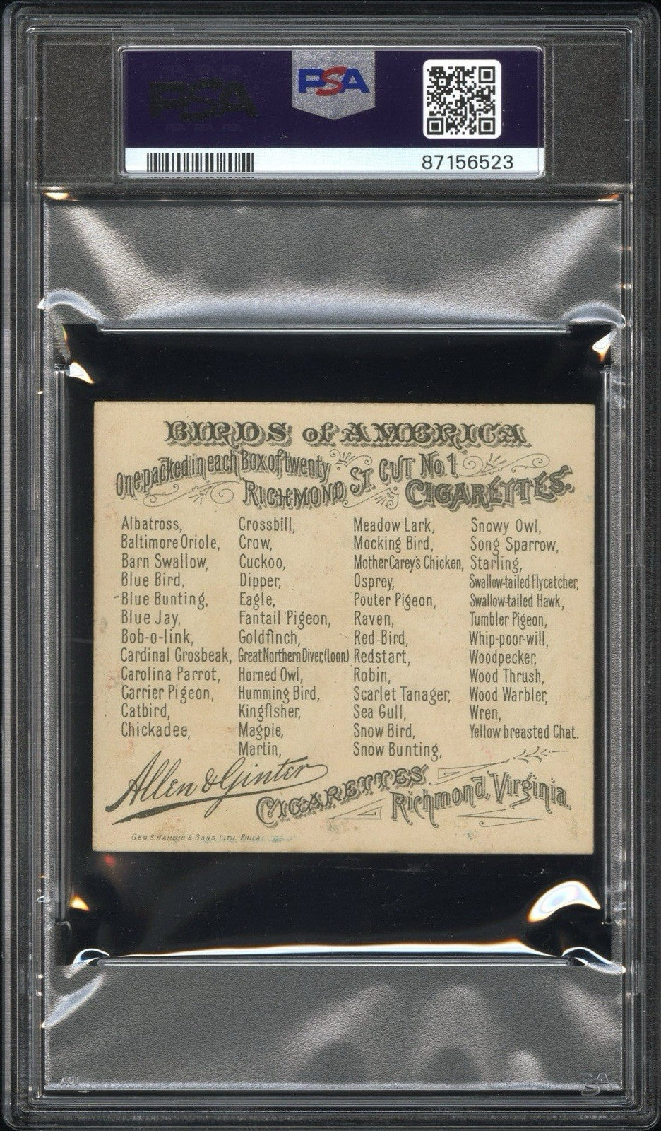 1890 N37 ALLEN & GINTER Birds of America (PSA 5 EX) Blue Bunting1