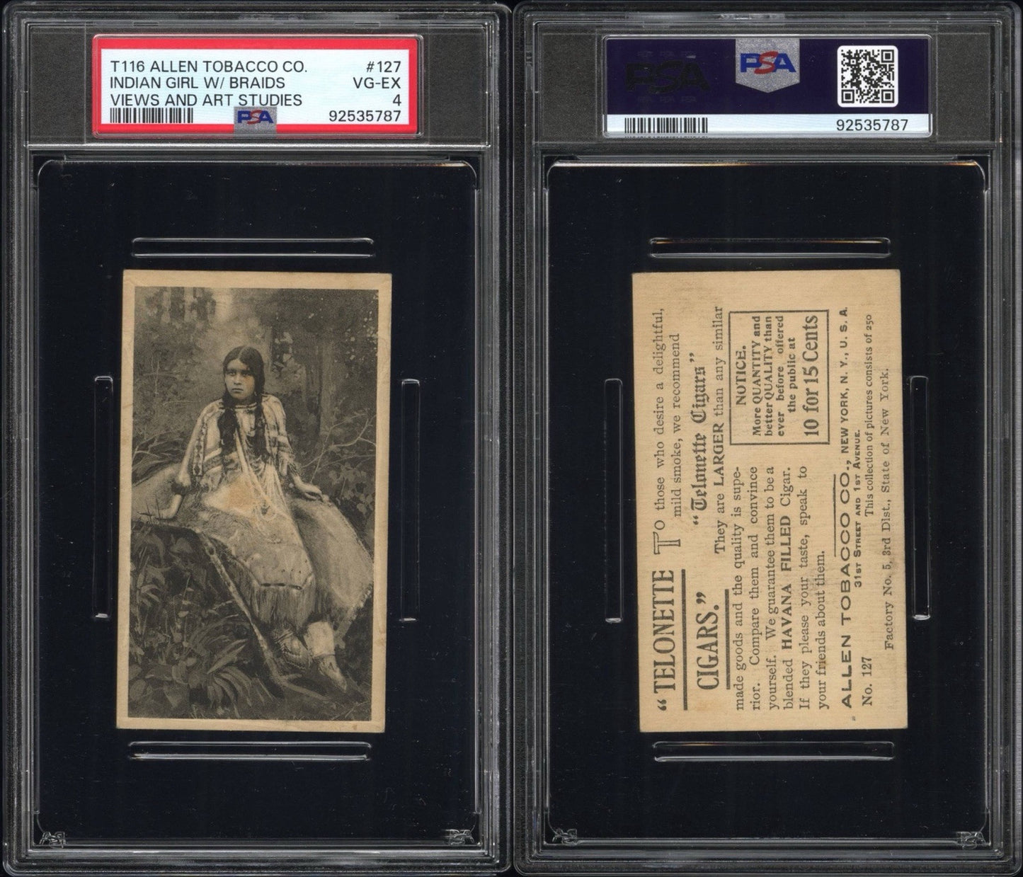 1903 T116 Allen Tobacco Telonette Cigars #127 Indian Girl w/ Braids (PSA 4 VGEX)3