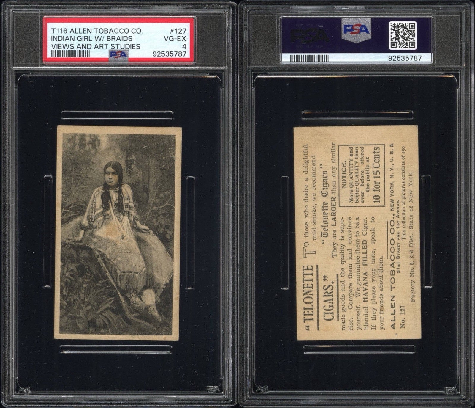 1903 T116 Allen Tobacco Telonette Cigars #127 Indian Girl w/ Braids (PSA 4 VGEX)3