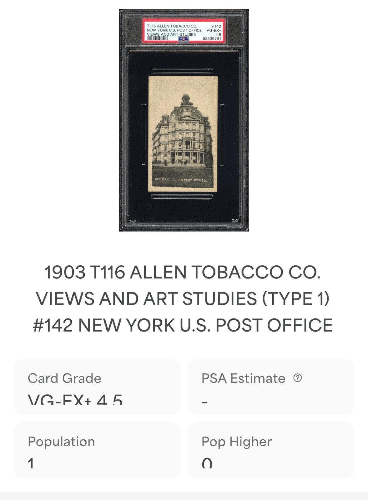 1903 T116 Allen Tobacco Telonette #143 (PSA 4.5 VGEX+) New York U.S. Post Office2