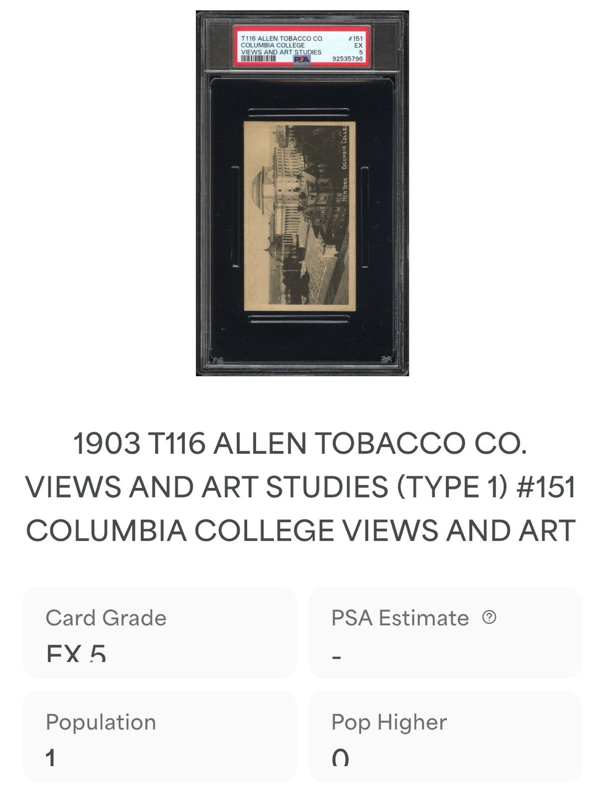 1903 T116 Allen Tobacco Telonette Cigars #151 Columbia College (PSA 5 EX)2