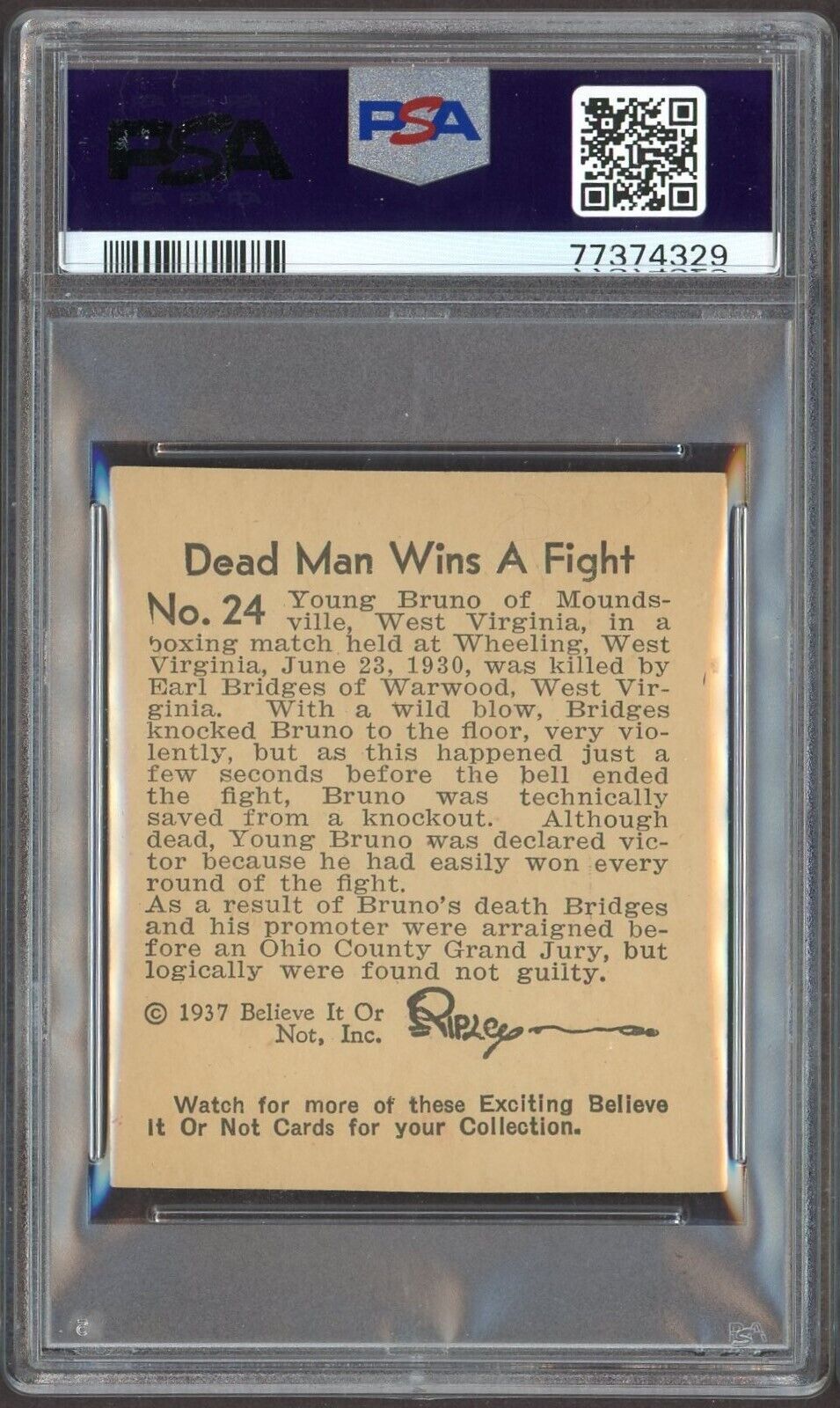 1937 Ripley's Believe It Or Not #24 Dead Man Wins A Fight (PSA 5 EX) BOXING