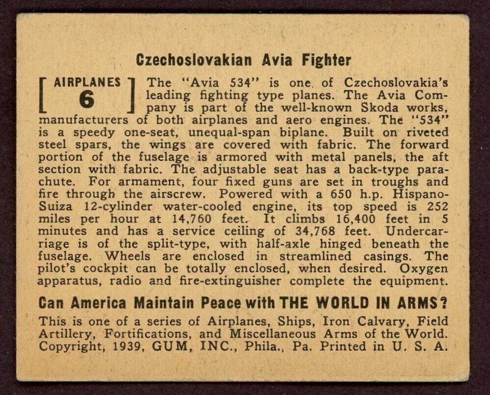 1939 World In Arms GUM INC. CARD Airplanes #6 Czechoslovakian Avia Fighter VGEX