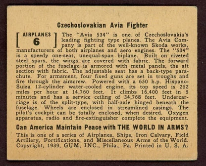 1939 World In Arms GUM INC. CARD Airplanes #6 Czechoslovakian Avia Fighter VGEX