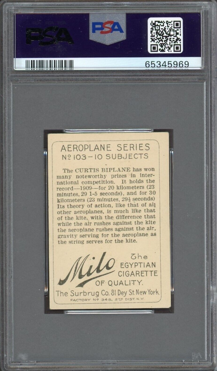 T28 #103 Aeroplane Series Tobacco Card CURTISS "JUNEBUG" (PSA 4 VG/EX) Milo