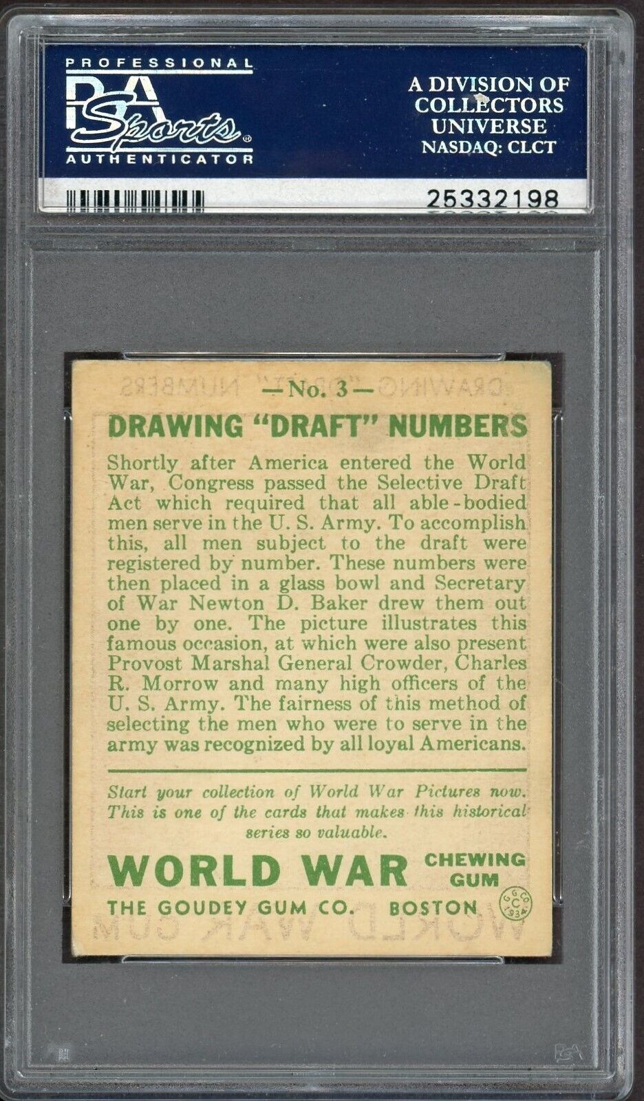 1933 Goudey 'World War Gum' Card #3 "Drawing Draft Numbers" (PSA 5 EX) WWI