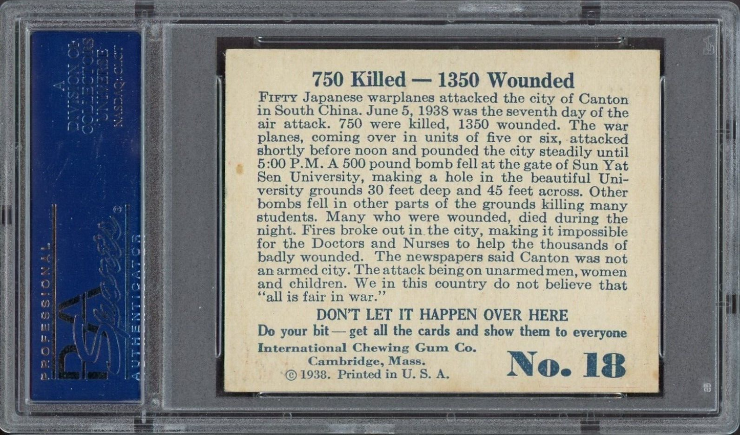 1938 R44 International Gum Don't Let It Happen #18 "750 Killed" (PSA 6 EX/MT)