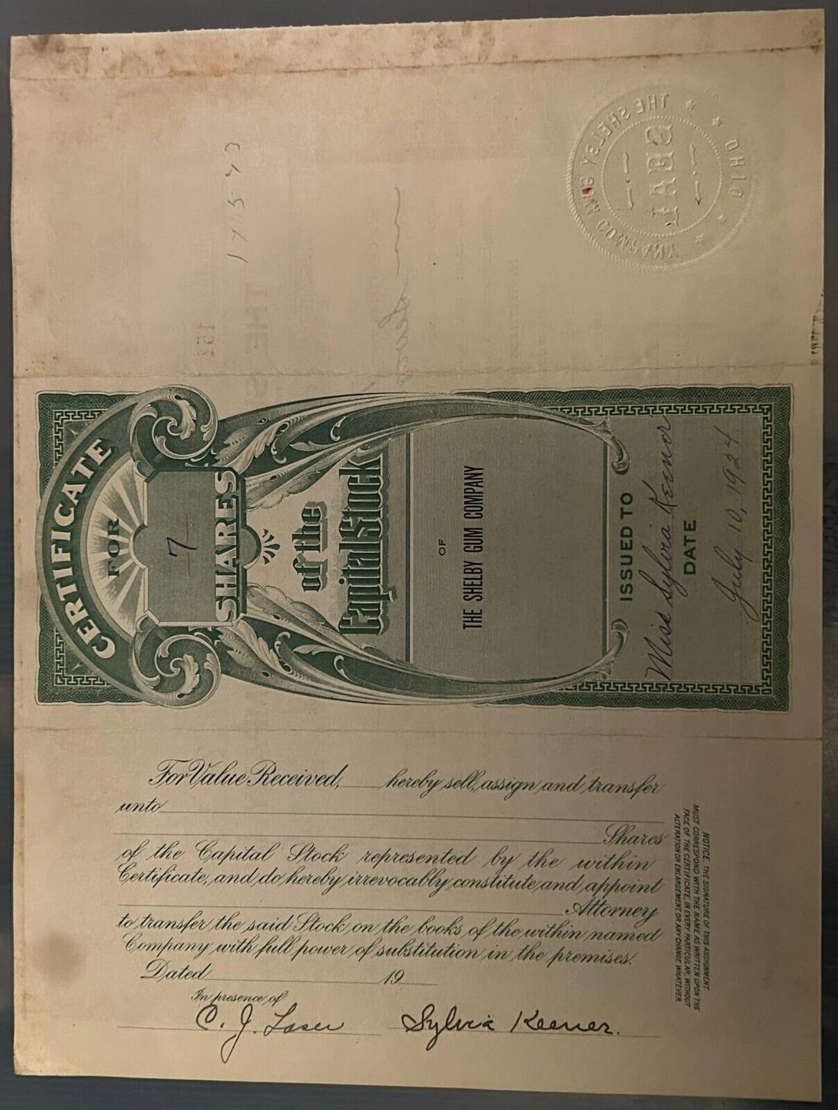 Shelby Gum Company 1924 Stock Certificate, Letterhead, Checks