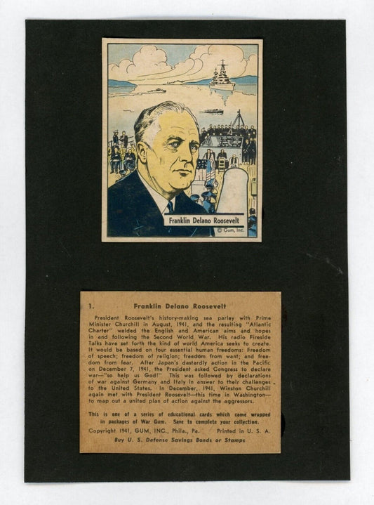 WAR GUM Gum, Inc. 1941 Franklin Delano Roosevelt (Two Cards on Black Cardboard)