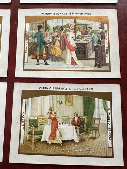 Antique French Pharmacy Trade Cards Lot of (6) Cards - Seven Deadly Sins