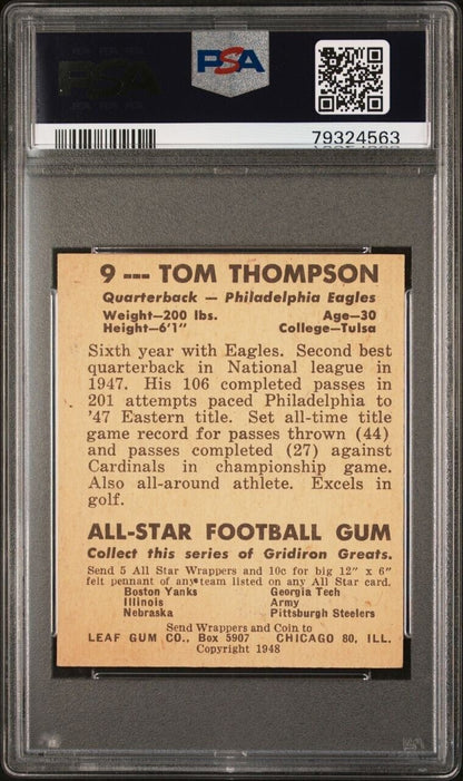 1948 Leaf FB Card # 9 Tommy Thompson GREEN JERSEY NUMBERS (PSA 7 NM) Pop 1/1