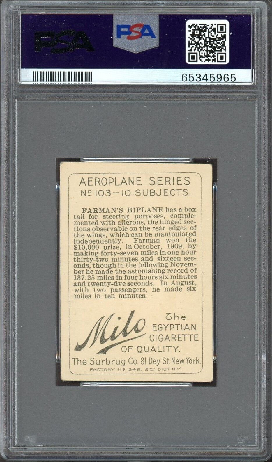 T28 #103 Aeroplane Series Tobacco Card HENRI FARMAN'S BIPLANE (PSA 3 VG) Milo
