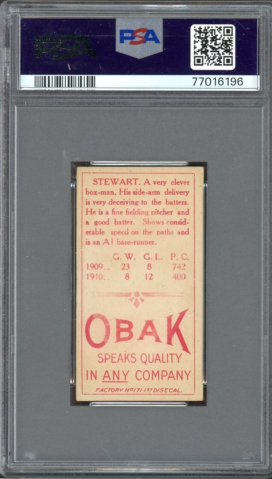 1911 T212 Obak Stewart (PSA 5 EX) Vernon, P.C.L.  SHARP CARD!