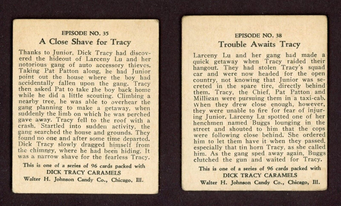 1937 R41 Walter H. Johnson Dick Tracy Caramels #35 & #38 (VG)
