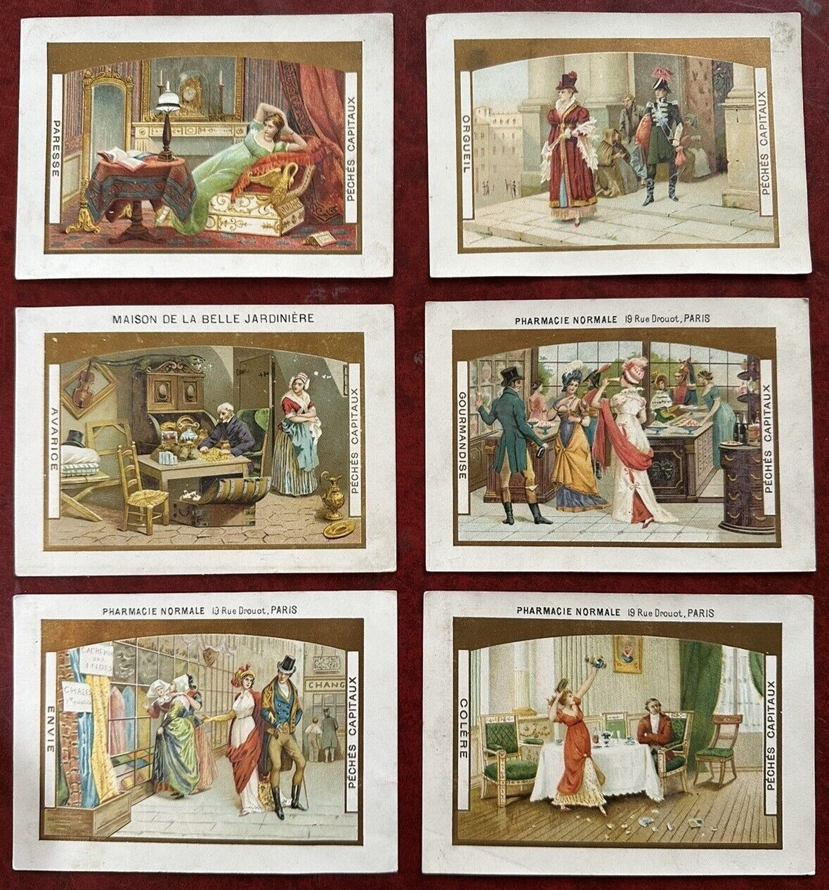 Antique French Pharmacy Trade Cards Lot of (6) Cards - Seven Deadly Sins