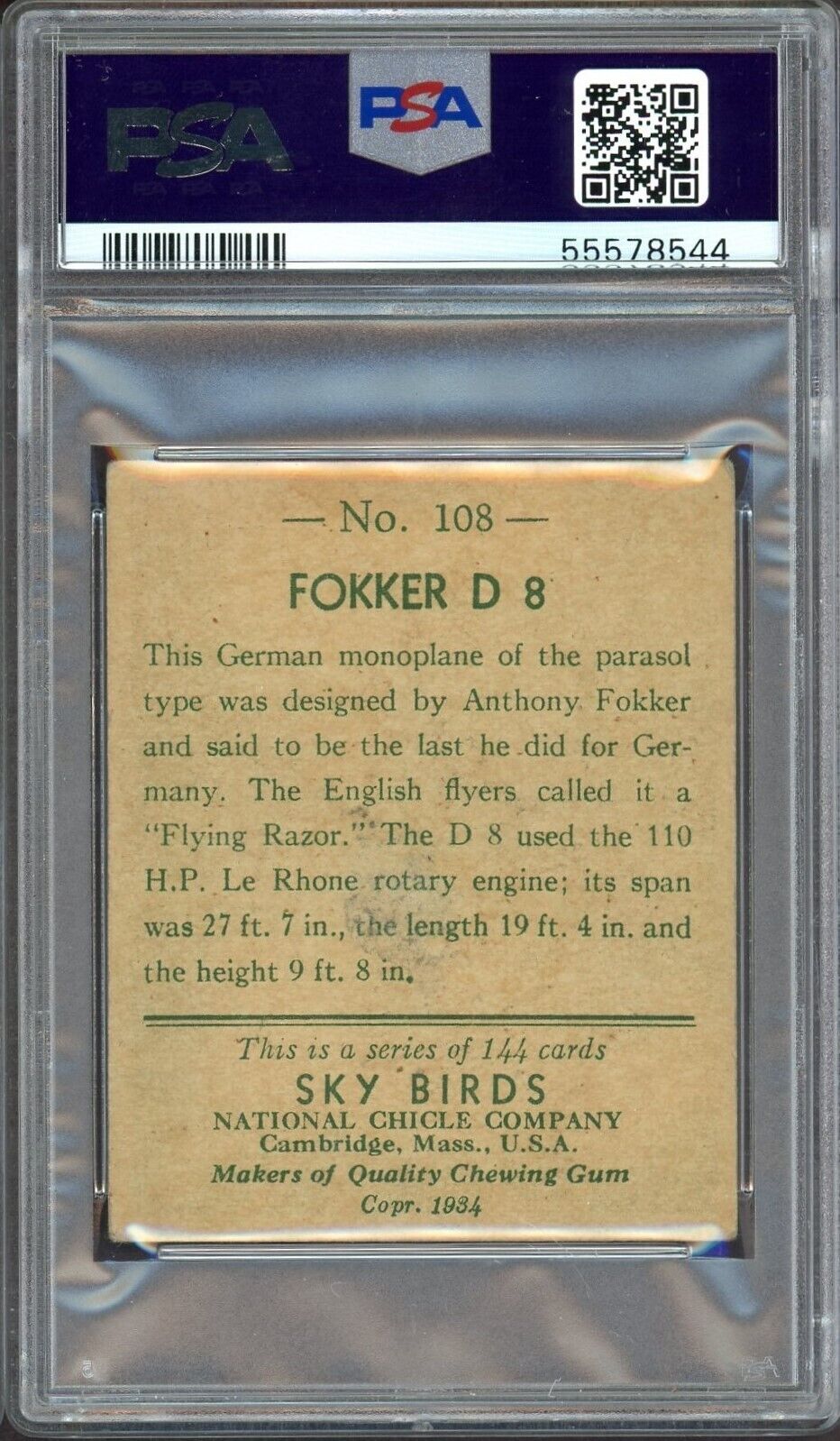 1934 R136 National Chicle Sky Birds #108: FOKKER D8 (PSA 2 GD) Last Card In Set