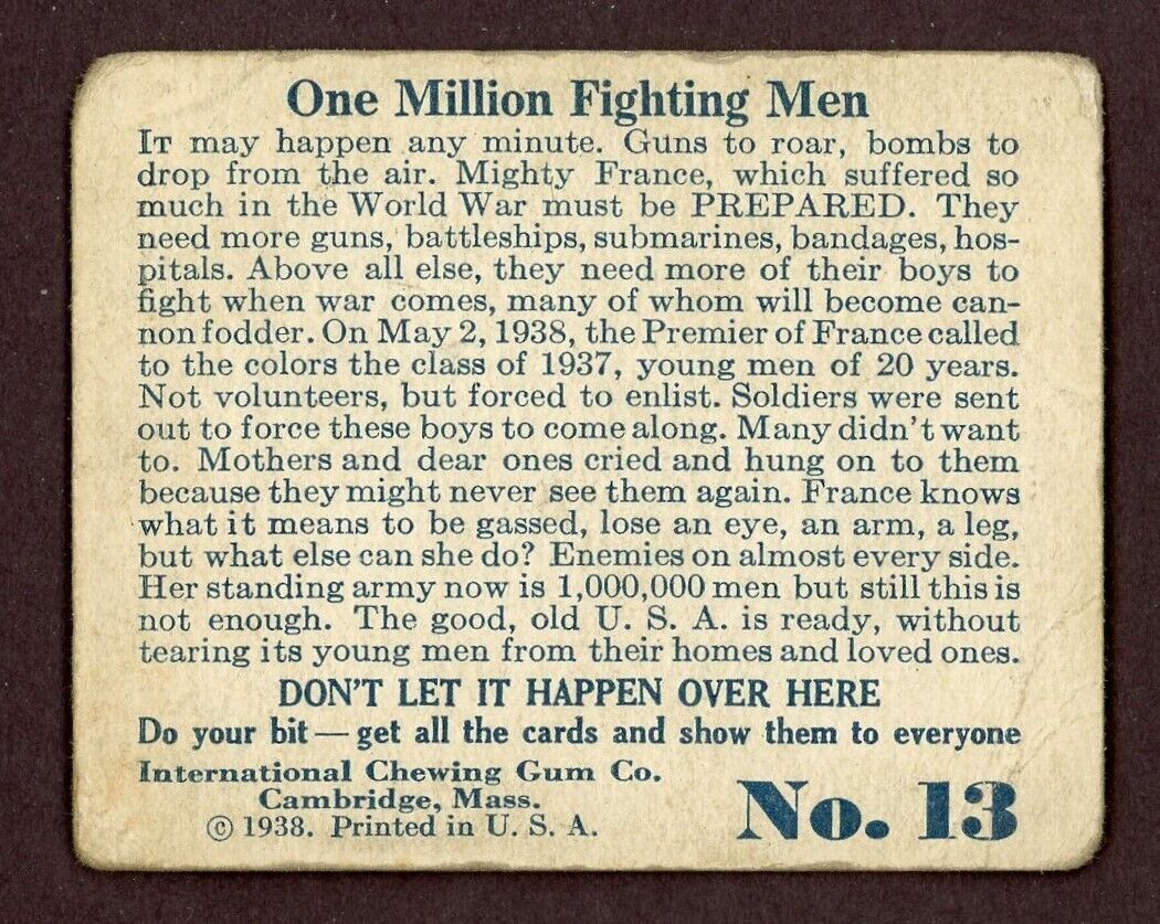 1938 Don't Let It Happen Over Here CARD International Gum #13 One Million Men GD
