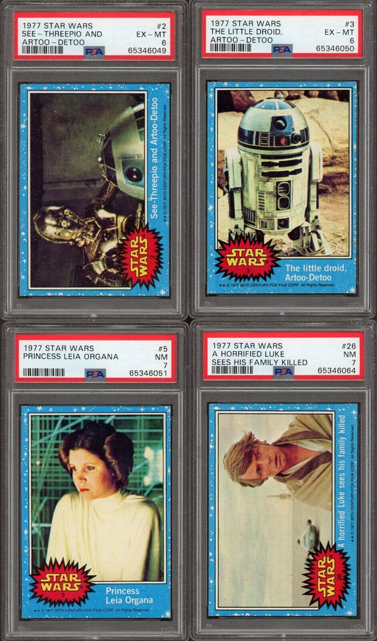 1977 Topps STAR WARS CARDS Blue LOT of FIVE Cards (PSA 6, PSA 7) w/ Artoo, C3PO