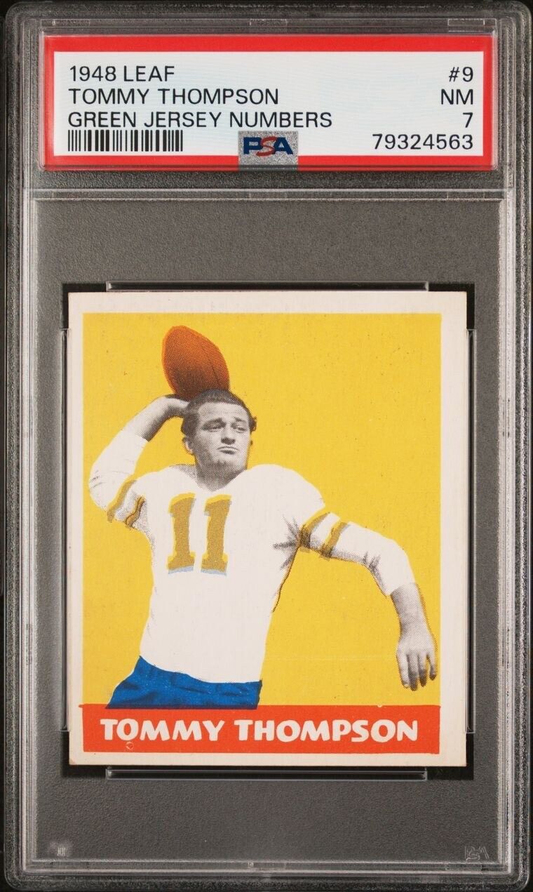 1948 Leaf FB Card # 9 Tommy Thompson GREEN JERSEY NUMBERS (PSA 7 NM) Pop 1/1