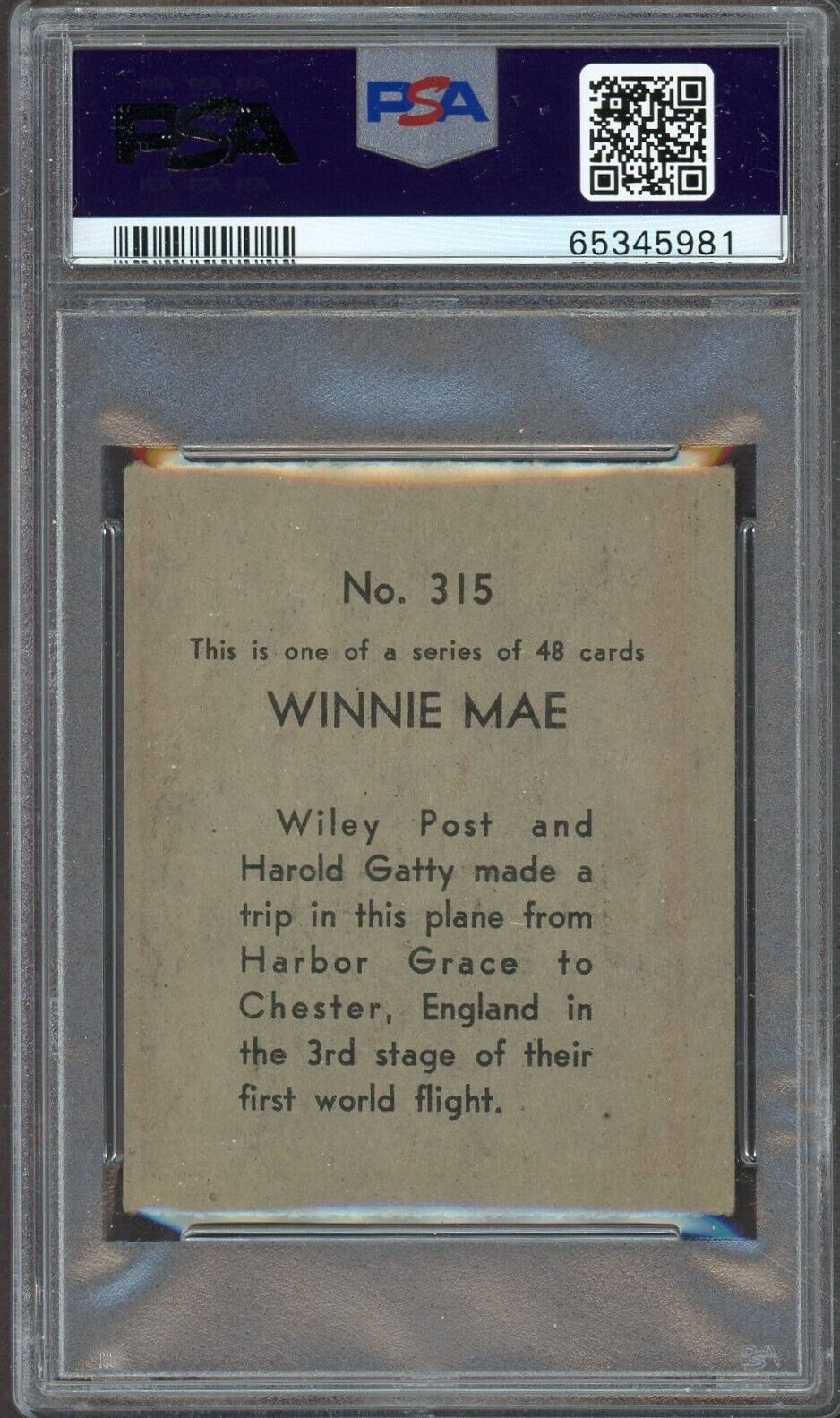 1938 R132 Aviation Series #315 WINNIE MAE (PSA 5 EX) Wiley Post Circumnavigate