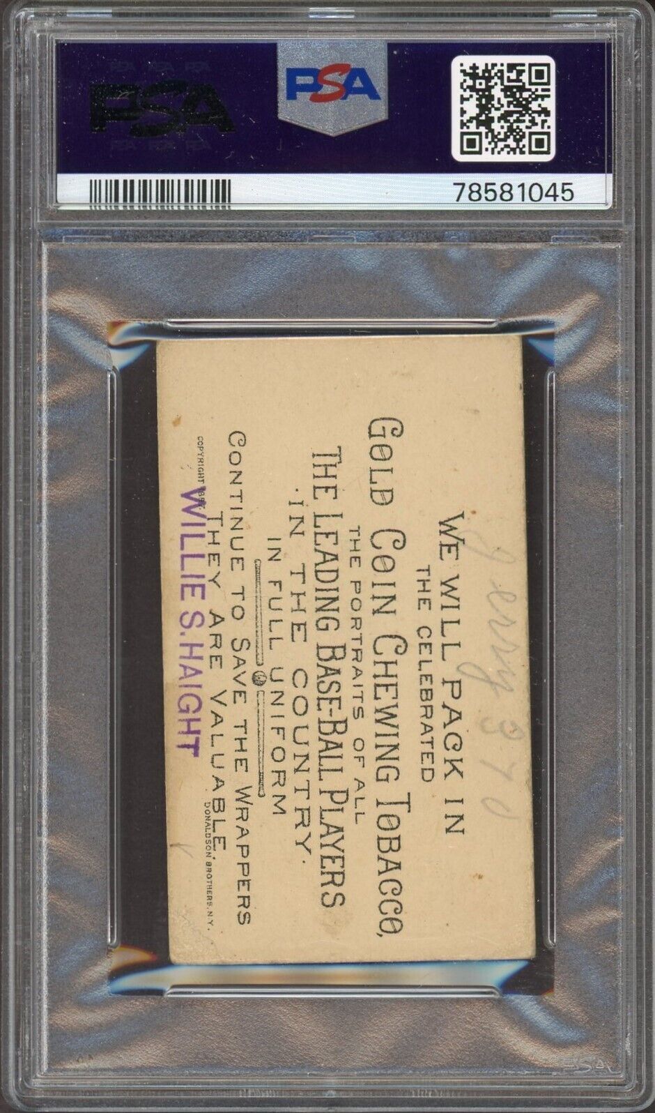 1887 N284 Buchner Gold Coin JERRY DENNY Indianapolis (PSA 3MK)