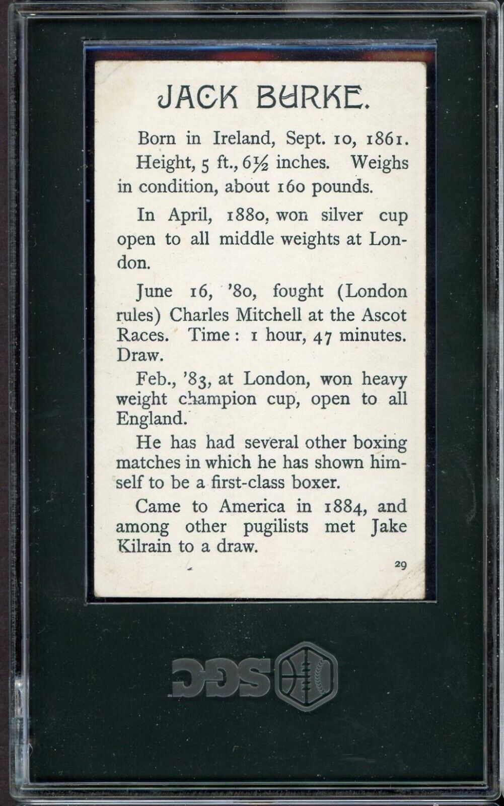 1887 N269 Lorillard's Mechanics Delight Boxing #29 "Texas" Jack Burke (SGC 3 VG)