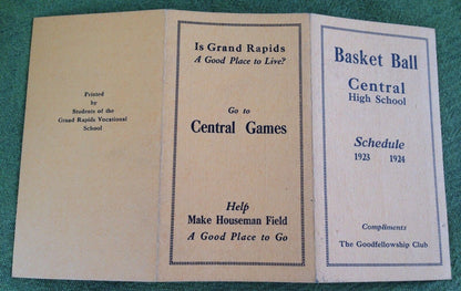 1923 - 1924  Central High School Basketball Schedule GRAND RAPIDS Michigan